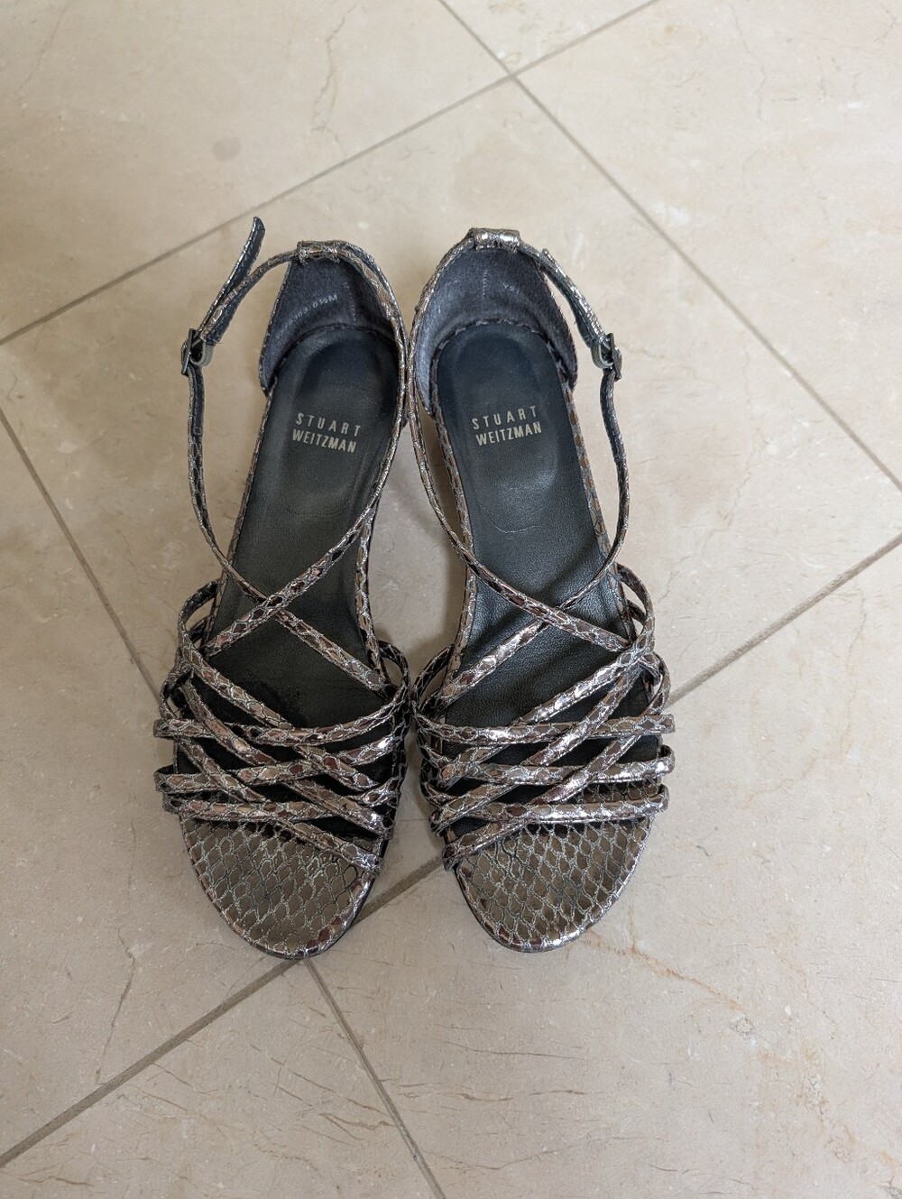 Stuart Weitzman Metallic Snake-Print Strappy Sandals - Silver/Bronze
